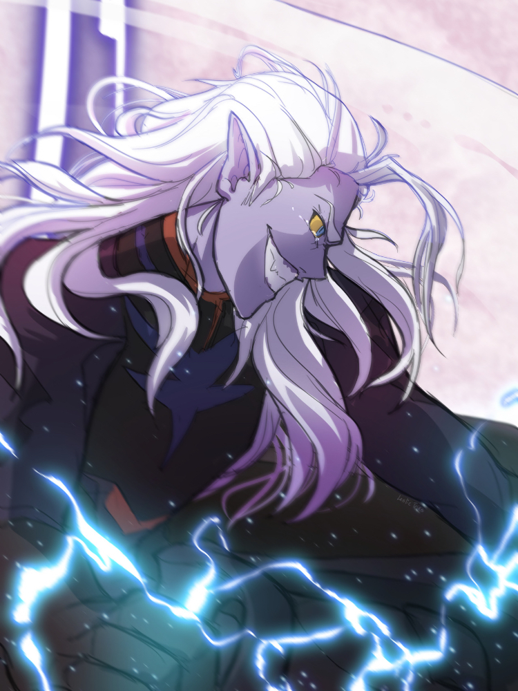 blue_eyes, electricity, elf_ears, evil_grin, eyebrows, from_side, hair_flowing, insane