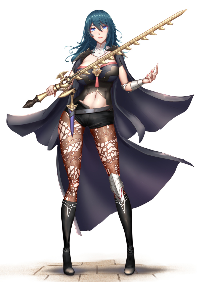 1girl, absurdres, armor, bangs, black_armor, black_cape, black_legwear, black_shorts