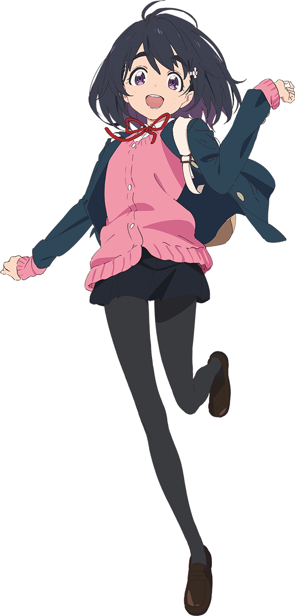 1girl, backpack, bag, black_legwear, black_skirt, cardigan, full_body, hair_ornament, hairclip, highres, momo_(pink_valentine), official_art, pink_valentine, red_ribbon, ribbon, school_uniform, skirt, smile, solo, transparent_background, upper_teeth