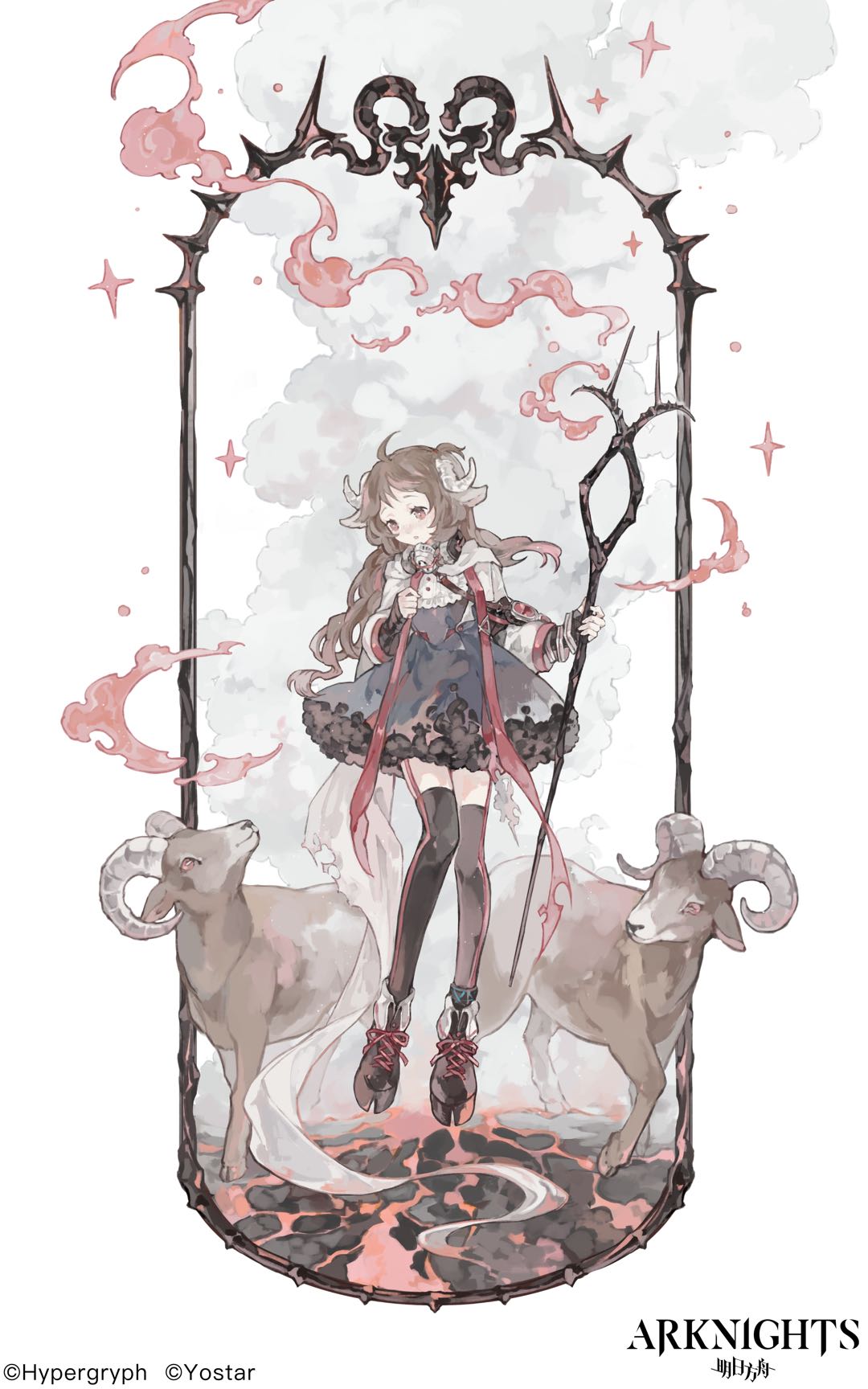 1girl, ahoge, arknights, black_dress, black_legwear, boots, brown_eyes, brown_hair, burnt_clothes, cape, copyright_name, dress, eyjafjalla_(arknights), floating, framed_image, full_body, garter_straps, goat, goat_girl, goat_horns, highres, hoof_shoes, long_hair, long_sleeves, looking_at_animal, looking_down, molten_rock, official_art, pale_skin, parted_lips, petticoat, respirator, sera1023, short_dress, sleeves_past_wrists, smoke, solo, sparkle, staff, tassel, thigh-highs, watermark, wavy_hair, white_cape