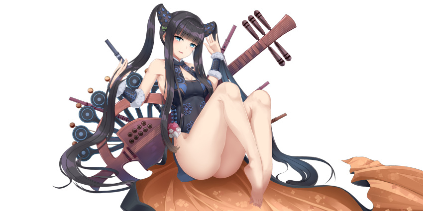 1girl, bangs, bare_shoulders, bare_thighs, barefoot, black_dress, blunt_bangs, china_dress