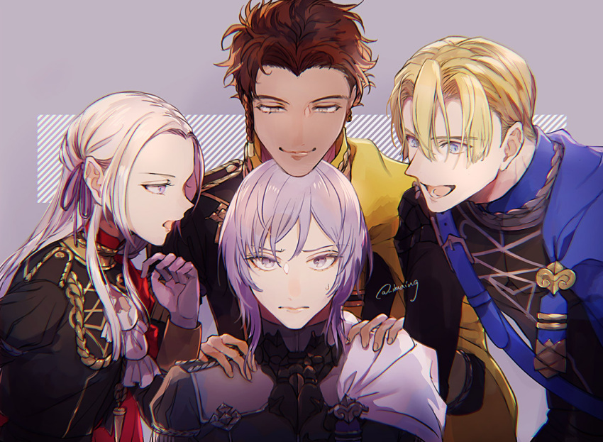 1girl, 3boys, blonde_hair, blue_eyes, brown_hair, claude_von_riegan, closed_mouth, dark_skin