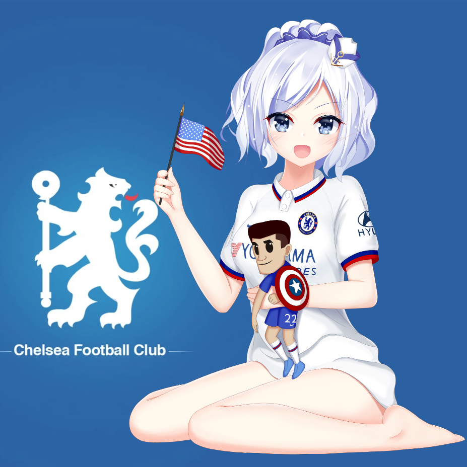american_flag, barefoot, blue_eyes, chelsea_fc, commentary_request, doll, doll_hug, hat