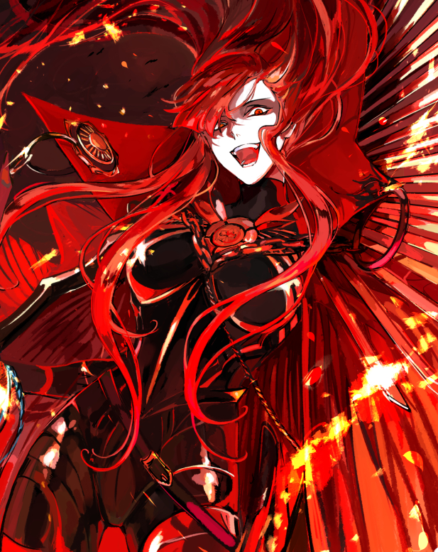 1girl, asymmetrical_bangs, bangs, belt, breasts, cape, chain, collared_cape, enilefilnoztlaw, fate/grand_order, fate_(series), fire, floating_hair, high_collar, long_hair, long_sleeves, looking_at_viewer, oda_nobunaga_(fate)_(all), oda_nobunaga_(maou_avenger)_(fate), open_mouth, red_cape, red_eyes, red_theme, redhead, solo, standing, teeth
