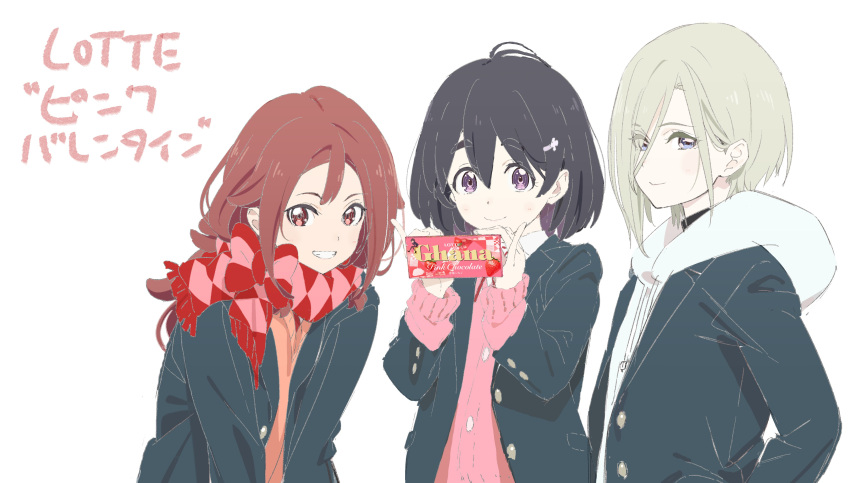 3girls, absurdres, ahoge, black_hair, blonde_hair, blush, bow, brown_eyes
