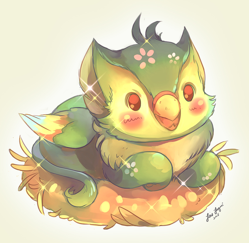 2015, blush, brown_eyes, commentary, creature, english_commentary, eyrie, full_body