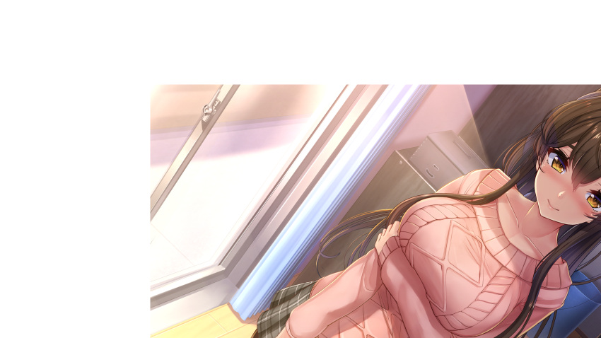 1girl, akasaai, arm_under_breasts, bangs, blurry, blurry_background, blush, breast_hold