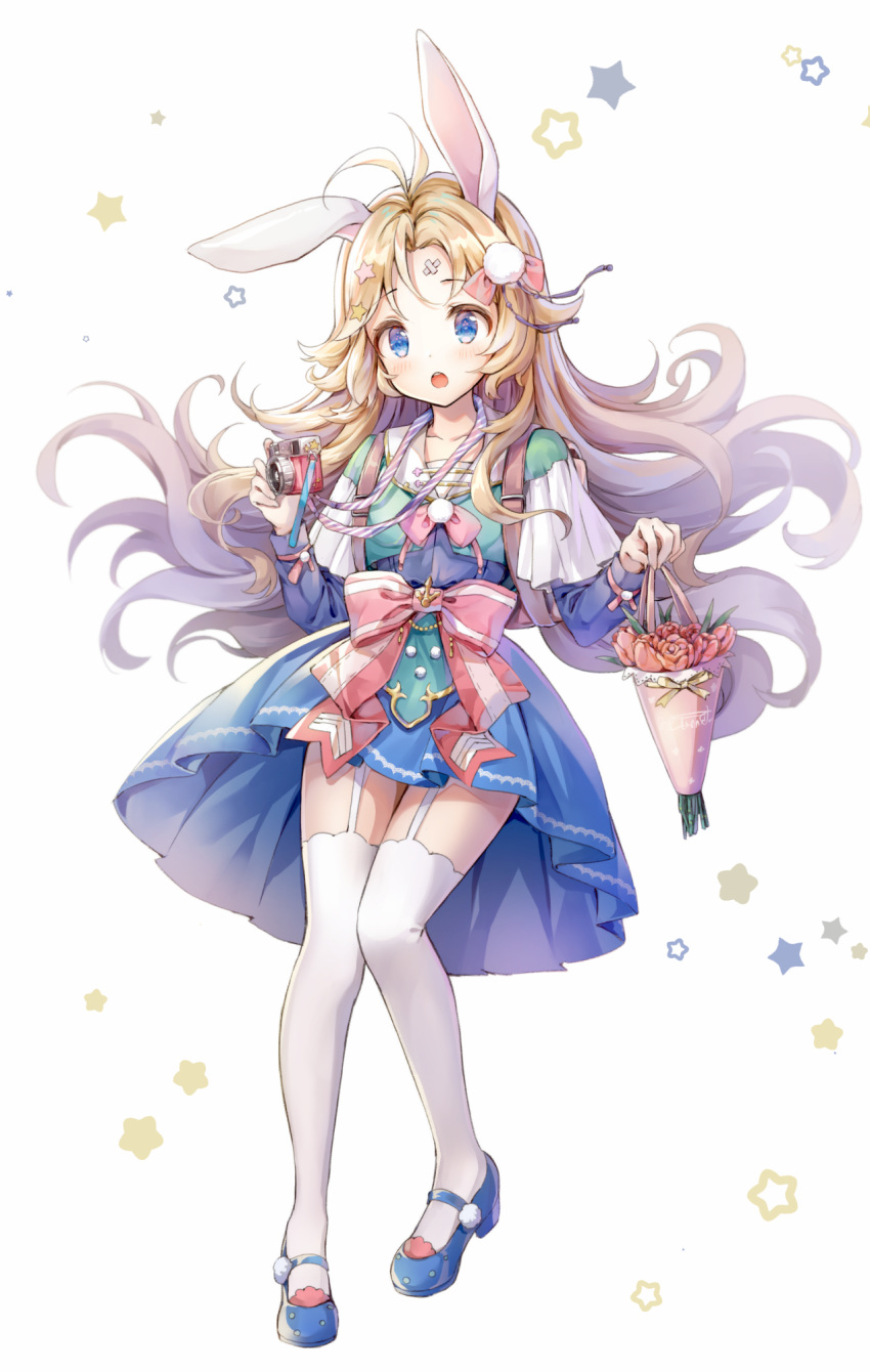 1girl, animal_ears, antenna_hair, bangs, blonde_hair, blue_dress, blue_eyes, blue_footwear