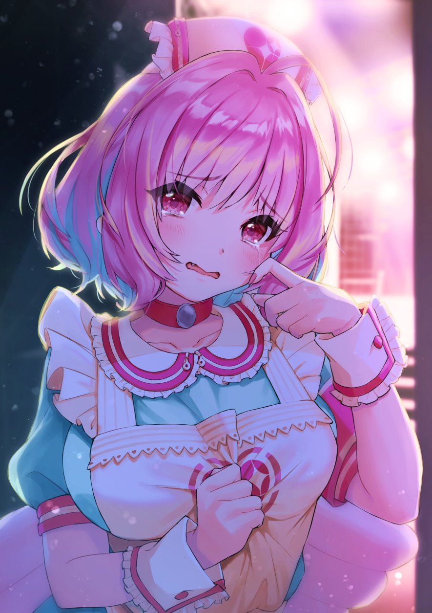 1girl, ahoge, apron, armband, backlighting, backstage, bangs, blue_dress