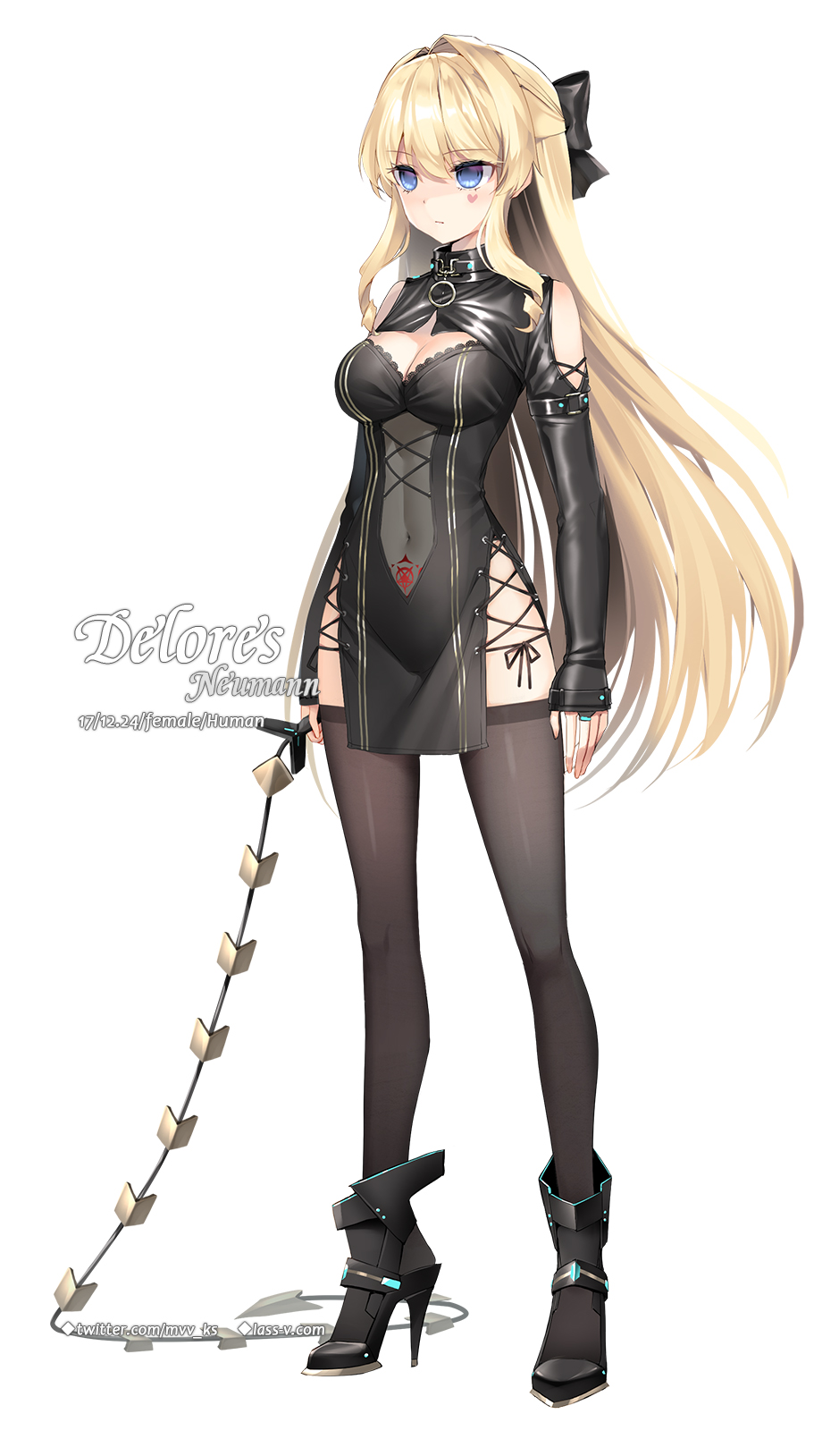 1girl, black_legwear, blonde_hair, blue_eyes, body_writing, character_name, delores_(mvv), dominator_(bdsm)