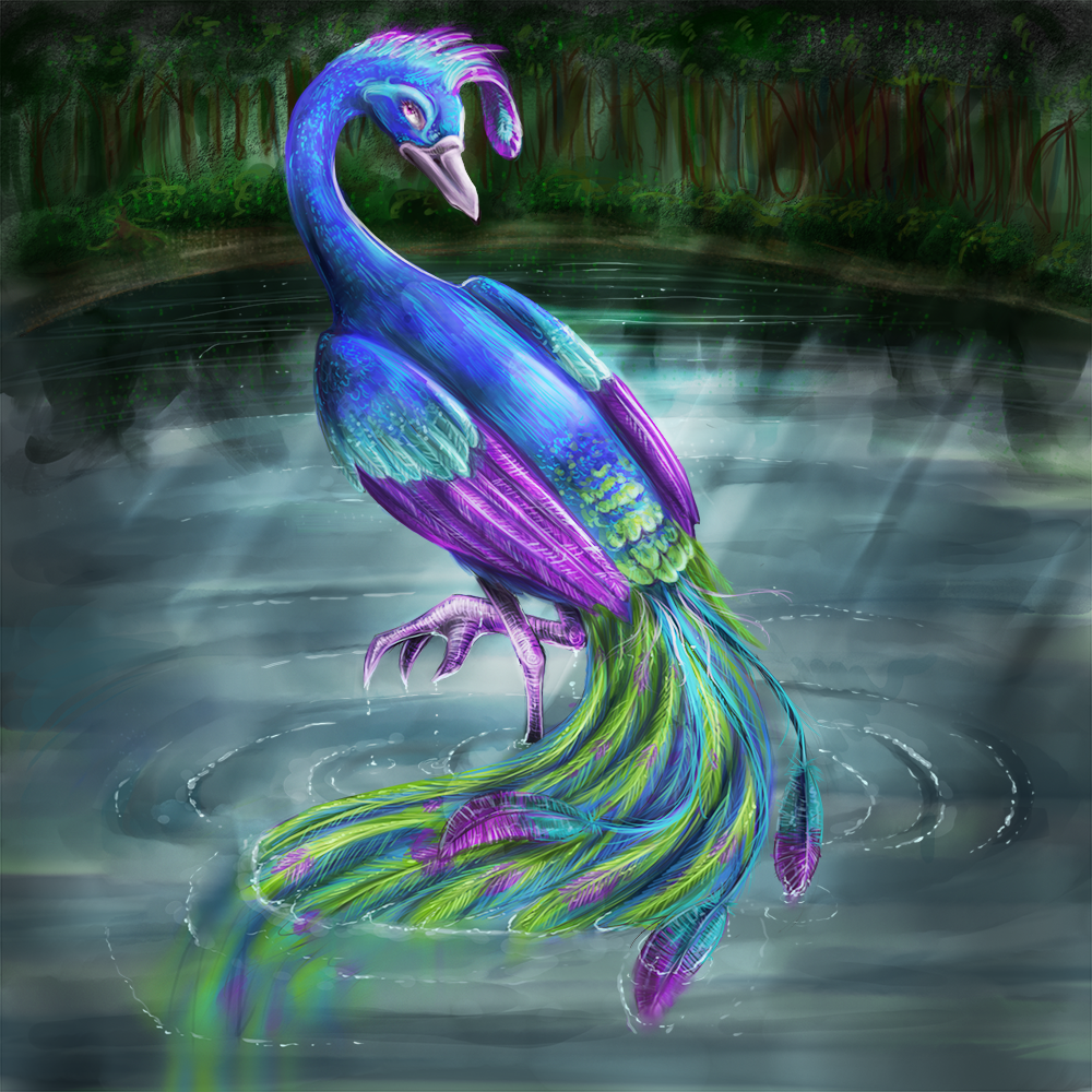 bird, bird_focus, bush, commentary, english_commentary, forest, lake, lenny_(neopets), nature, neopets, no_humans, outdoors, racquel_martindale, solo, standing, standing_on_one_leg, violet_eyes, water