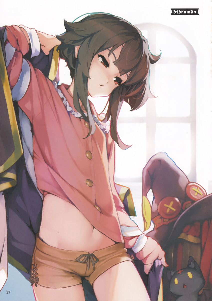 1girl, artist_name, ataruman, black_hair, cat, chomusuke, hat, highres