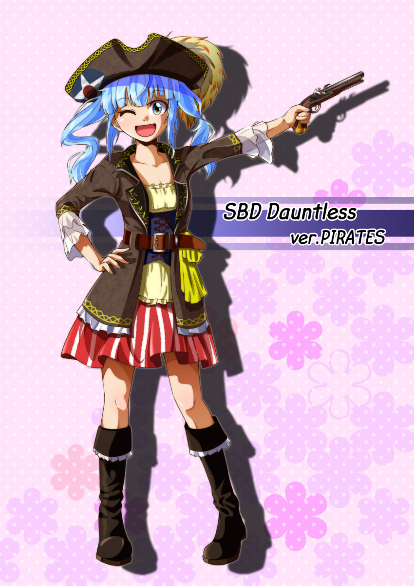 antique_firearm, ash_arms, belt, blue_eyes, blue_hair, boots, collarbone, commentary_request, damepia_(pianohuey38), firearm, firelock, flat_chest, flintlock, full_body, graphite_(medium), gun, hat, highres, looking_at_viewer, medium_hair, one_eye_closed, open_mouth, pirate_costume, pirate_hat, sbd_dauntless_(ash_arms), traditional_media, twintails, weapon