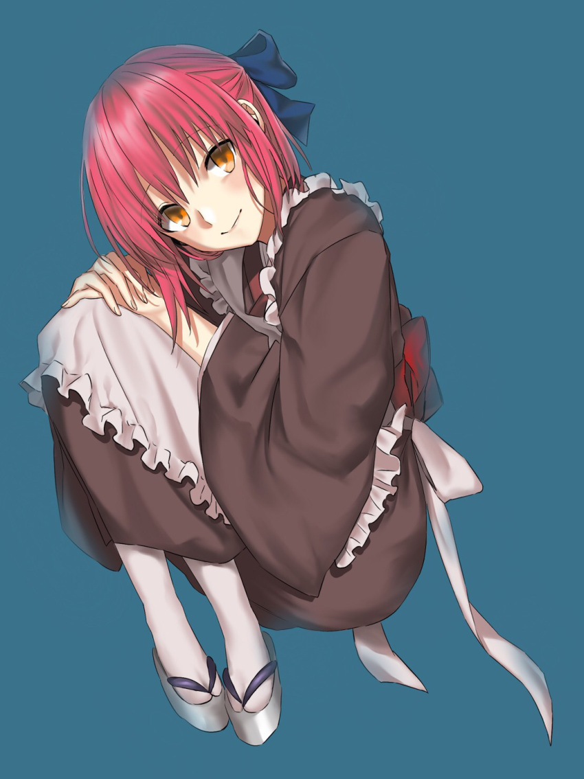 1girl, ameman, apron, bangs, blush, bow, brown_kimono, eyebrows_visible_through_hair