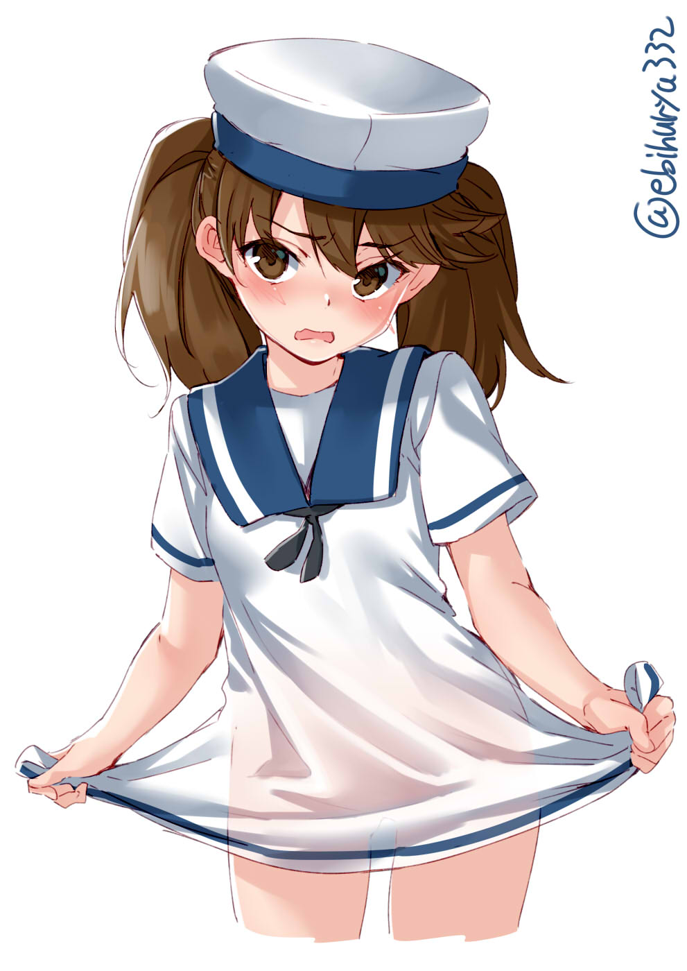 1girl, blush, bottomless, brown_eyes, brown_hair, cosplay, cropped_legs, dress, ebifurya, eyebrows_visible_through_hair, hair_between_eyes, hat, hiburi_(kantai_collection), hiburi_(kantai_collection)_(cosplay), highres, kantai_collection, long_hair, naked_shirt, no_panties, open_mouth, ryuujou_(kantai_collection), sailor_dress, sailor_hat, see-through, shirt, short_sleeves, simple_background, solo, twintails, twitter_username, white_background, white_dress, white_headwear