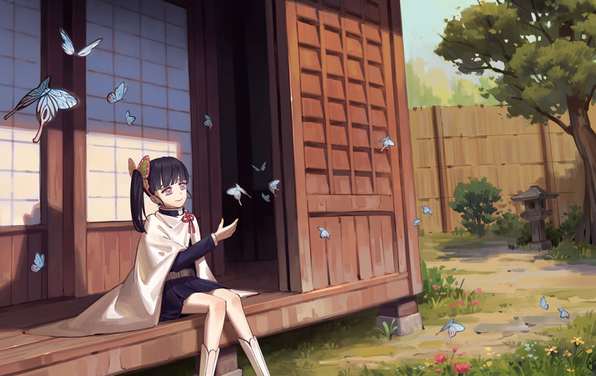 1girl, bangs, black_hair, black_skirt, blue_jacket, blunt_bangs, bug, butterfly