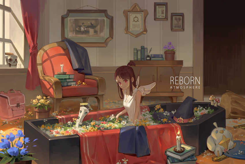 1girl, asymmetrical_bangs, bangs, black_headwear, blue_flower, book, brown_hair, candle