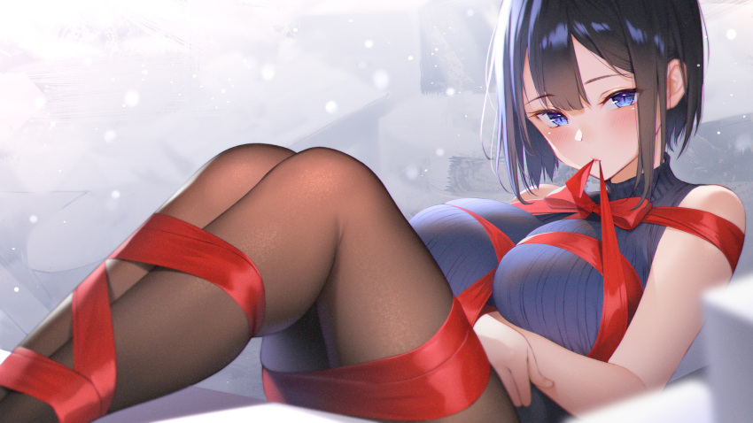 1girl, absurdres, bangs, bare_shoulders, black_sweater, blue_eyes, blunt_bangs, blush