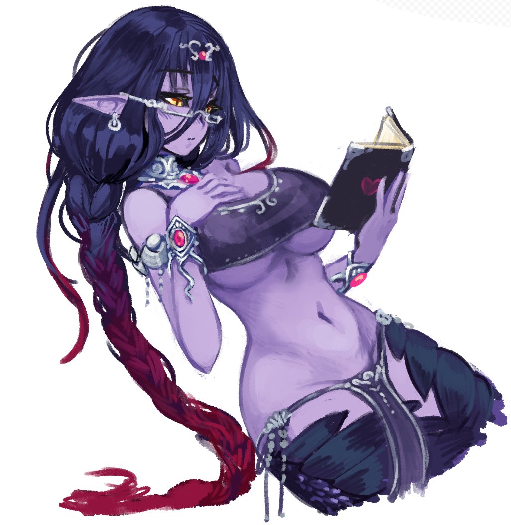 1girl, apophis_(monster_girl_encyclopedia), armlet, bangs, barbariank, bare_shoulders, bespectacled, black_hair