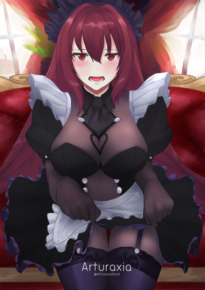 2girls, absurdres, ahoge, alternate_costume, apron, arturaxia, blush, bodysuit, breasts, couch, curtains, enmaided, fate/grand_order, fate_(series), fujimaru_ritsuka_(female), highres, indoors, large_breasts, leotard, long_hair, maid, maid_apron, maid_headdress, multiple_girls, open_mouth, orange_eyes, orange_hair, pauldrons, purple_bodysuit, purple_hair, purple_leotard, red_eyes, riyo_(lyomsnpmp)_(style), scathach_(fate)_(all), scathach_(fate/grand_order), skirt, skirt_lift, window