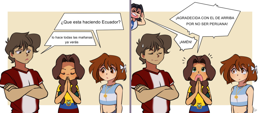 1boy, 3girls, absurdres, argentinian_flag, black_hair, dark_skin, ecuadorian_flag, highres