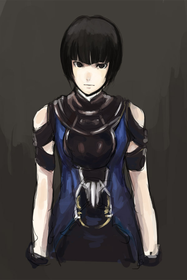 black_hair, kagero_deception, kasa, millennia, okappa, short_hair, sleeveless