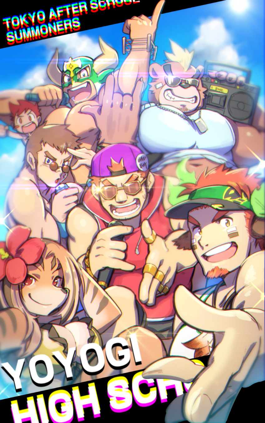 1girl, 5boys, ashigara_(tokyo_houkago_summoners), backwards_hat, bara, beard, blue_eyes, breasts