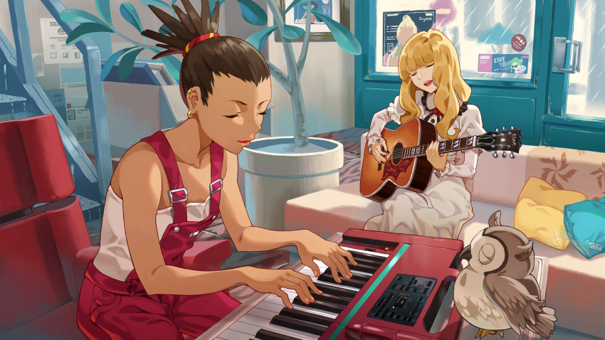 2girls, acoustic_guitar, bangs, bare_arms, bare_shoulders, bird, blonde_hair, brown_hair