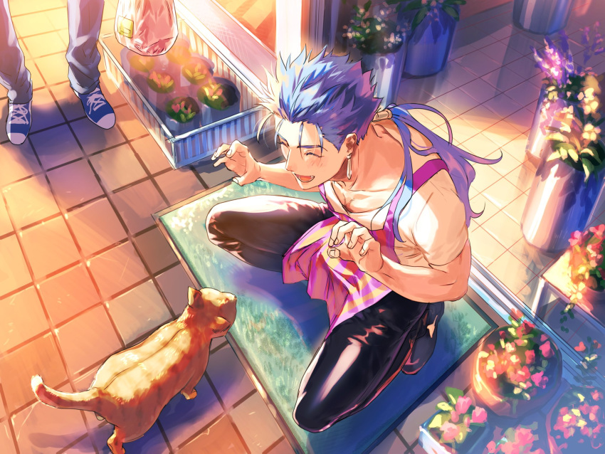 1boy, ^_^, apron, bag, black_pants, blue_hair, cat, closed_eyes