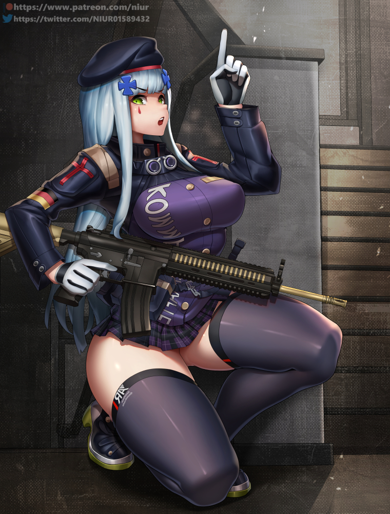 1girl, assault_rifle, bangs, beret, black_legwear, blue_hair, blunt_bangs, breasts