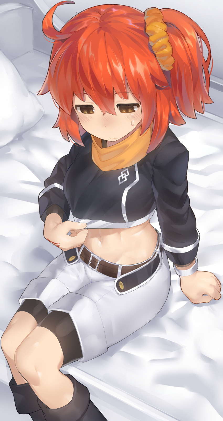 1girl, absurdres, ahoge, arm_support, bangs, bed, belt, bike_shorts