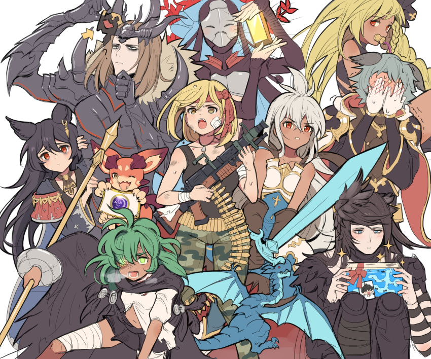 ?, absurdres, animal_ears, armor, bandage_on_face, bandaged_leg, bandages, black_armor