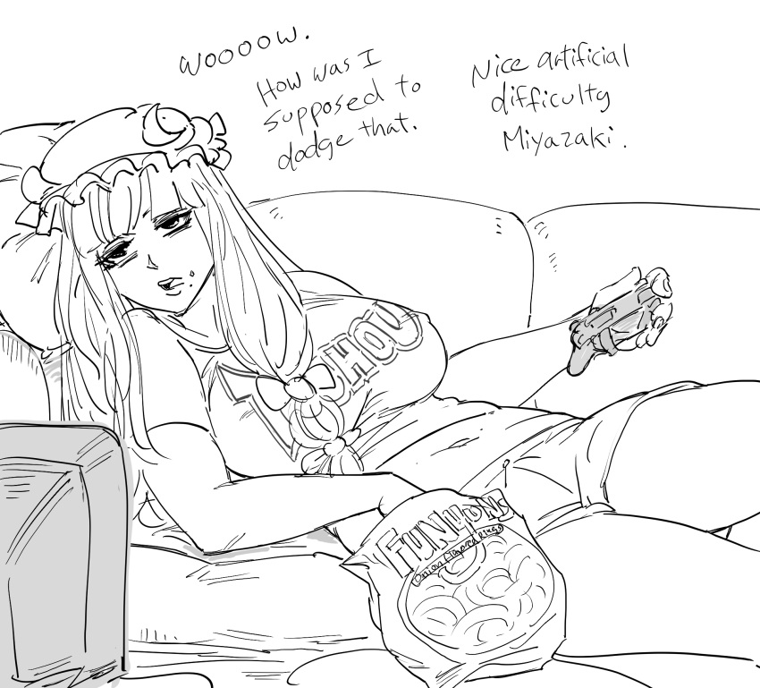 1girl, alternate_costume, bags_under_eyes, bb_(baalbuddy), belly, bow, breasts, chips, commentary, contemporary, controller, copyright_name, couch, crescent, crescent_moon_pin, eating, english_commentary, english_text, food, game_controller, hair_bow, half-closed_eyes, hat, highres, large_breasts, long_hair, lying, mob_cap, monochrome, navel, on_back, open_mouth, patchouli_knowledge, pillow, shirt, short_sleeves, shorts, sketch, slovenly, solo, t-shirt, television, thighs, touhou
