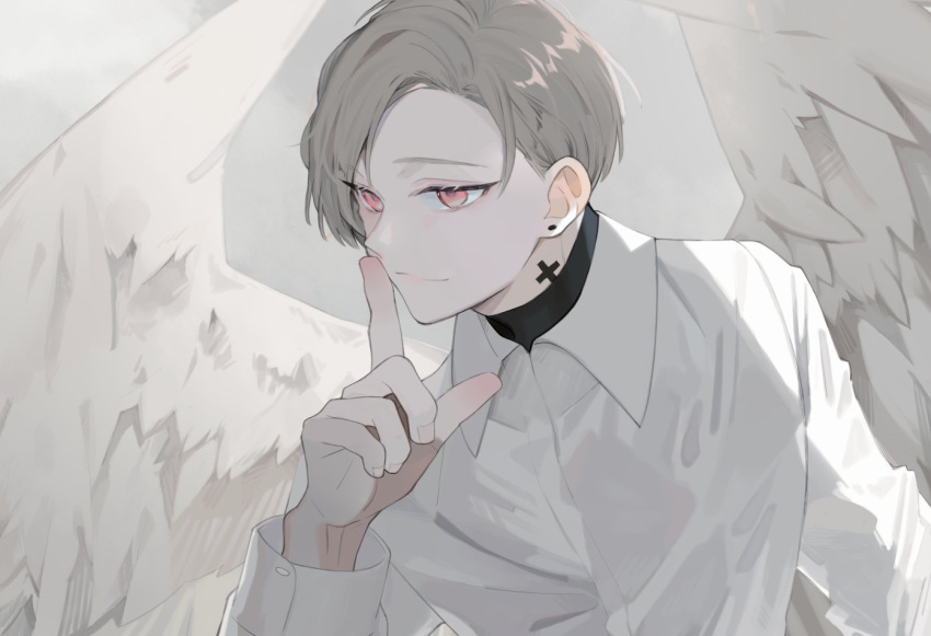 1boy, brown_hair, collared_shirt, cross_tattoo, earrings, jewelry, male_focus, npoxyy