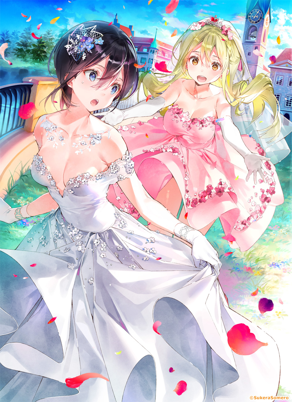 2girls, bare_shoulders, black_hair, blonde_hair, blue_eyes, bride, couple, dress