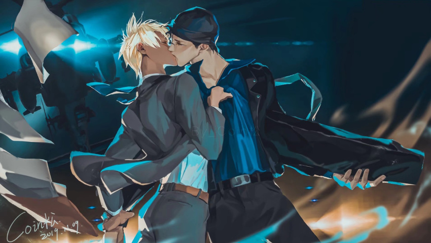2boys, akai_shuuichi, amuro_tooru, artist_name, belt, black_hair, black_pants, blonde_hair, blue_neckwear, blue_shirt, closed_eyes, coinsong, dark_skin, dark_skinned_male, dated, formal, highres, kiss, meitantei_conan, multiple_boys, necktie, pants, paper, shirt, suit, yaoi