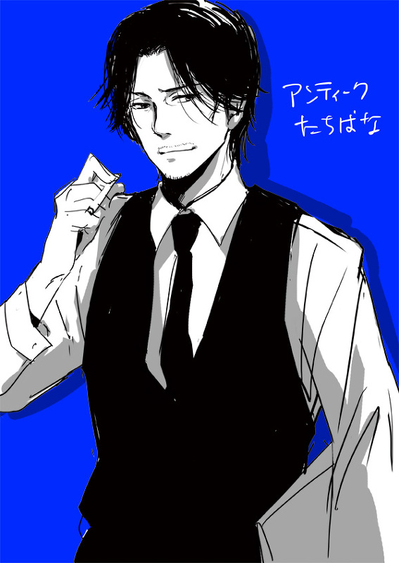 1boy, black_hair, black_neckwear, black_vest, blue_background, cigarette, facial_hair, hand_up, long_sleeves, male_focus, nary_33, seiyou_kotto_yougashiten:_antique, shirt, solo, standing, stubble, tachibana_keiichiro, vest, white_shirt