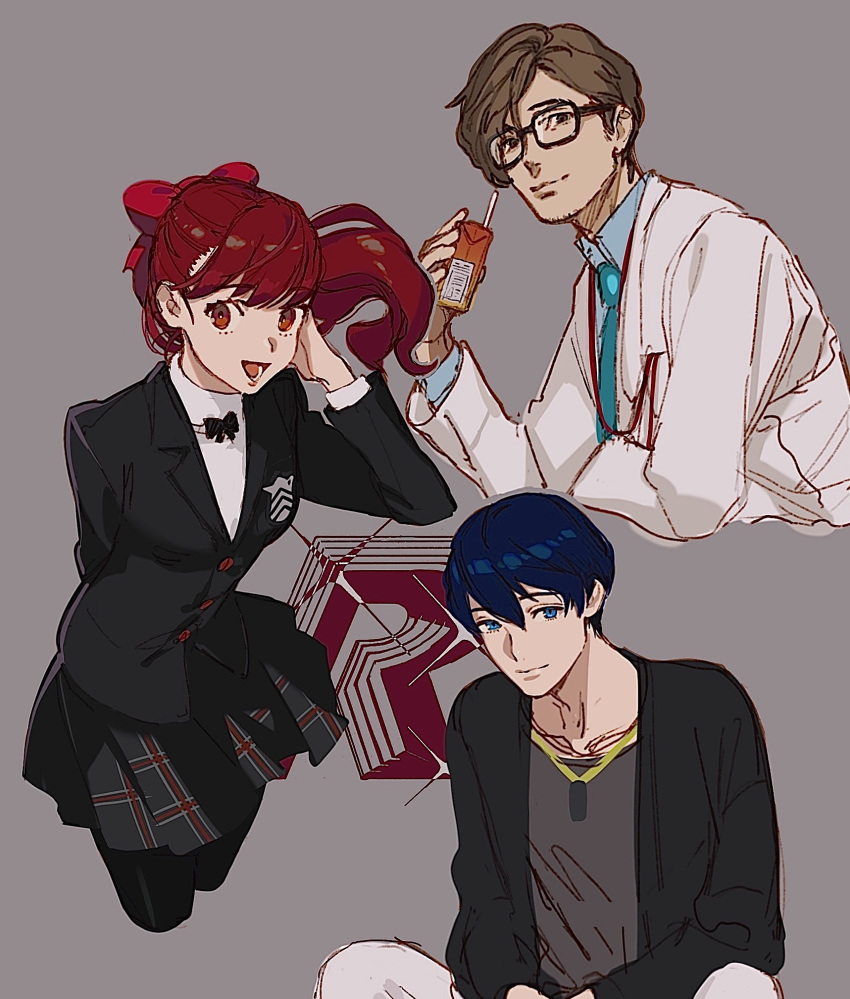 1girl, 2boys, 5plus5, adjusting_hair, arms_behind_back, blazer, blue_eyes, blue_hair, eyelashes, facial_hair, glasses, highres, jacket, labcoat, long_hair, long_sleeves, maruki_takuto, morgana_(persona_5), multiple_boys, persona, persona_5, persona_5_the_royal, ponytail, red_eyes, redhead, shuujin_academy_uniform, yoshizawa_kasumi