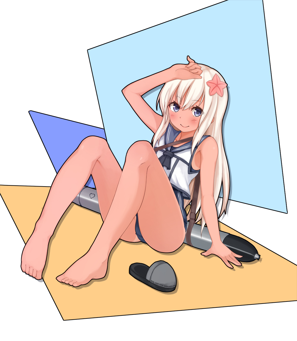 1girl, arm_up, bangs, bare_arms, bare_legs, bare_shoulders, barefoot, blonde_hair