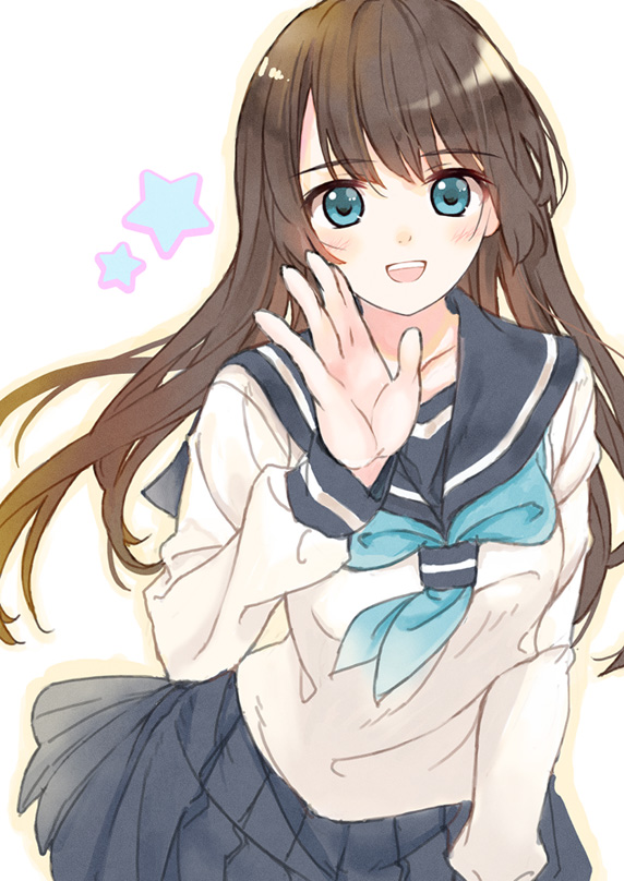 amamiya_chiharu, black_hair, blue_eyes, hand_up, long_hair, looking_at_viewer, original, pleated_skirt