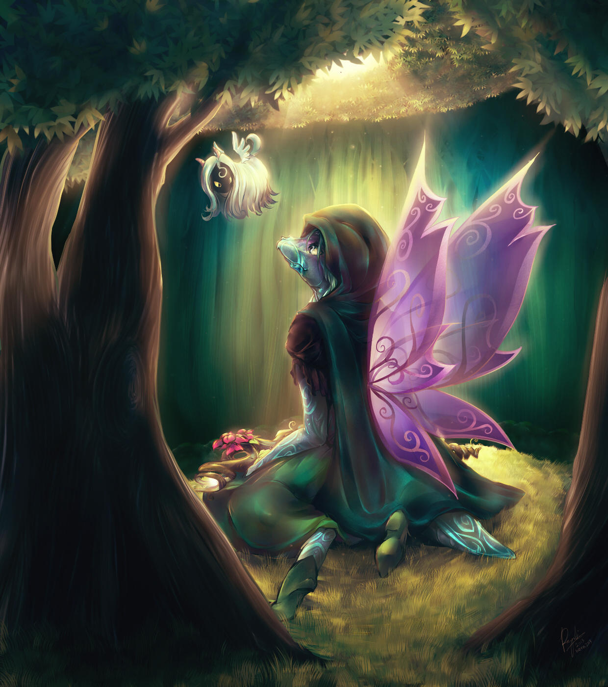 2013, cape, commentary, dark, day, drugal, english_commentary, eye_contact, fairy_wings, flying, forest, grass, highres, hood, hoodie, kneeling, krawk, light, looking_at_another, nature, neopets, payoki, shoes, signature, sunlight, tree, wings, yellow_eyes