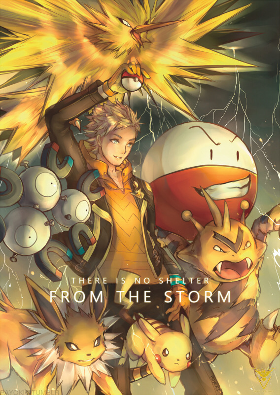 1boy, bird, blonde_hair, electabuzz, electricity, electrode, english_text, flying