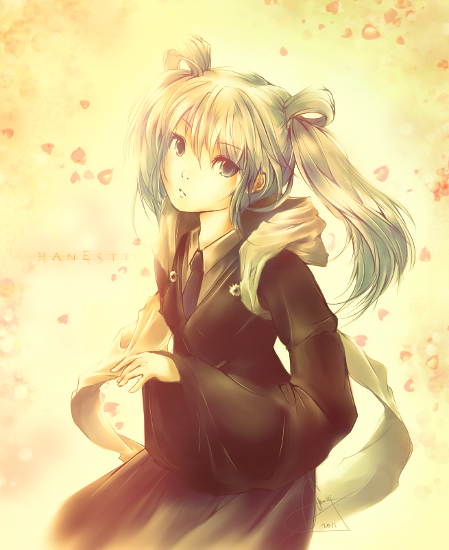 1girl, 2011, bangs, black_eyes, breasts, commentary, english_commentary, green_hair