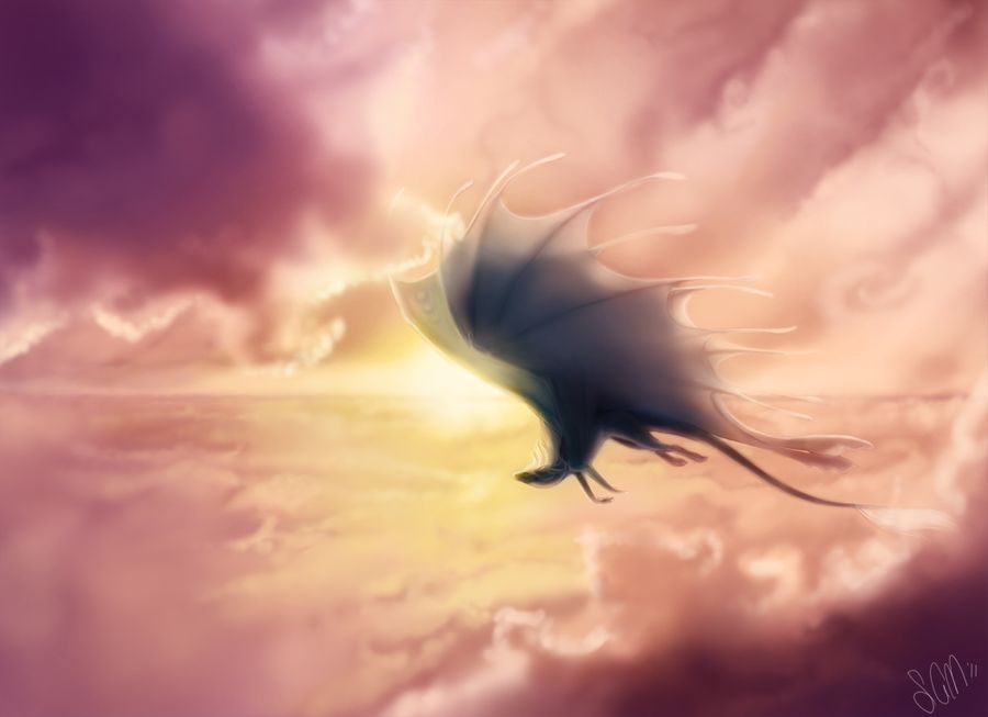 clouded-3d, clouds, cloudy_sky, commentary, draik, english_commentary, flying, full_body, neopets, no_humans, signature, sky, solo, twilight, wings