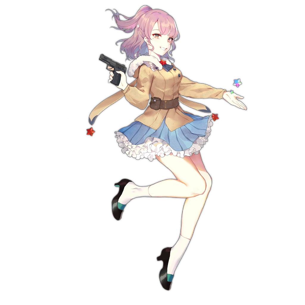 1girl, bangs, belt, black_footwear, blue_skirt, breasts, brown_eyes, brown_jacket
