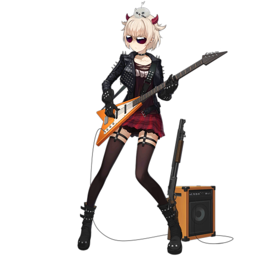 1girl, alternate_costume, amplifier, animal, animal_on_head, aviator_sunglasses, bangs, black_footwear, black_gloves, black_jacket, blonde_hair, boots, breasts, brown_legwear, brown_shirt, cable, chilunchilun, clothes_writing, collarbone, demon_horns, earrings, electric_guitar, full_body, garter_straps, girls_frontline, gloves, guitar, gun, holding, holding_instrument, horns, instrument, jacket, jewelry, leather, leather_jacket, looking_away, m1897_(girls_frontline), multiple_earrings, official_art, on_head, open_clothes, open_jacket, plaid, plaid_skirt, platform_boots, punk, red_skirt, rocker-chic, shirt, short_hair, shotgun, shoulder_spikes, sidelocks, skirt, small_breasts, solo, spikes, stud_earrings, studded_choker, studded_footwear, studded_gloves, studded_jacket, studded_strap, sunglasses, thigh-highs, thigh_strap, transparent_background, weapon, winchester_model_1897