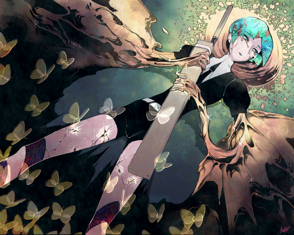 1other, androgynous, aqua_eyes, aqua_hair, bangs, belt, black_clothes, black_neckwear