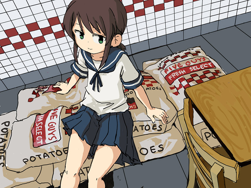 1girl, adrian_ferrer, black_hair, blue_sailor_collar, blue_skirt, commentary, english_commentary, feet_out_of_frame