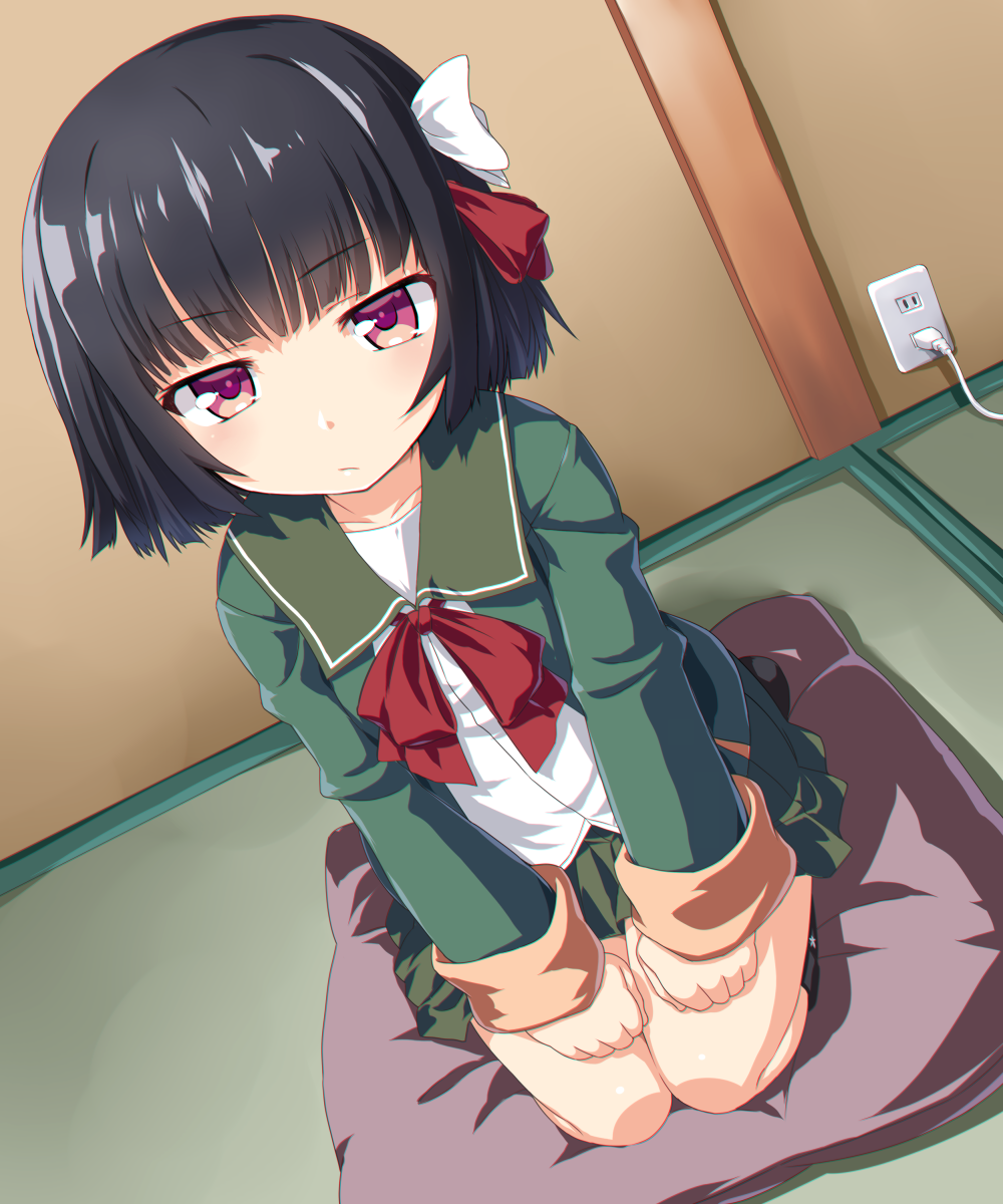 1girl, :/, bangs, black_hair, blunt_bangs, blush, closed_mouth, commentary
