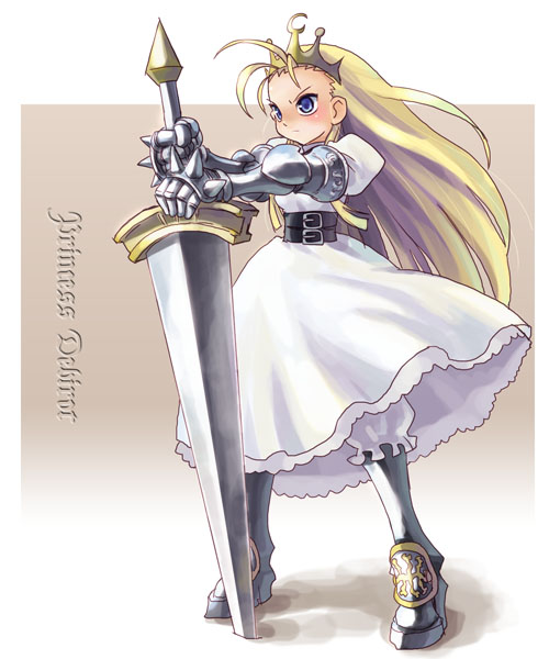 armor, armored_dress, blonde_hair, bloomers, blue_eyes, brown_background, capcom, character_name